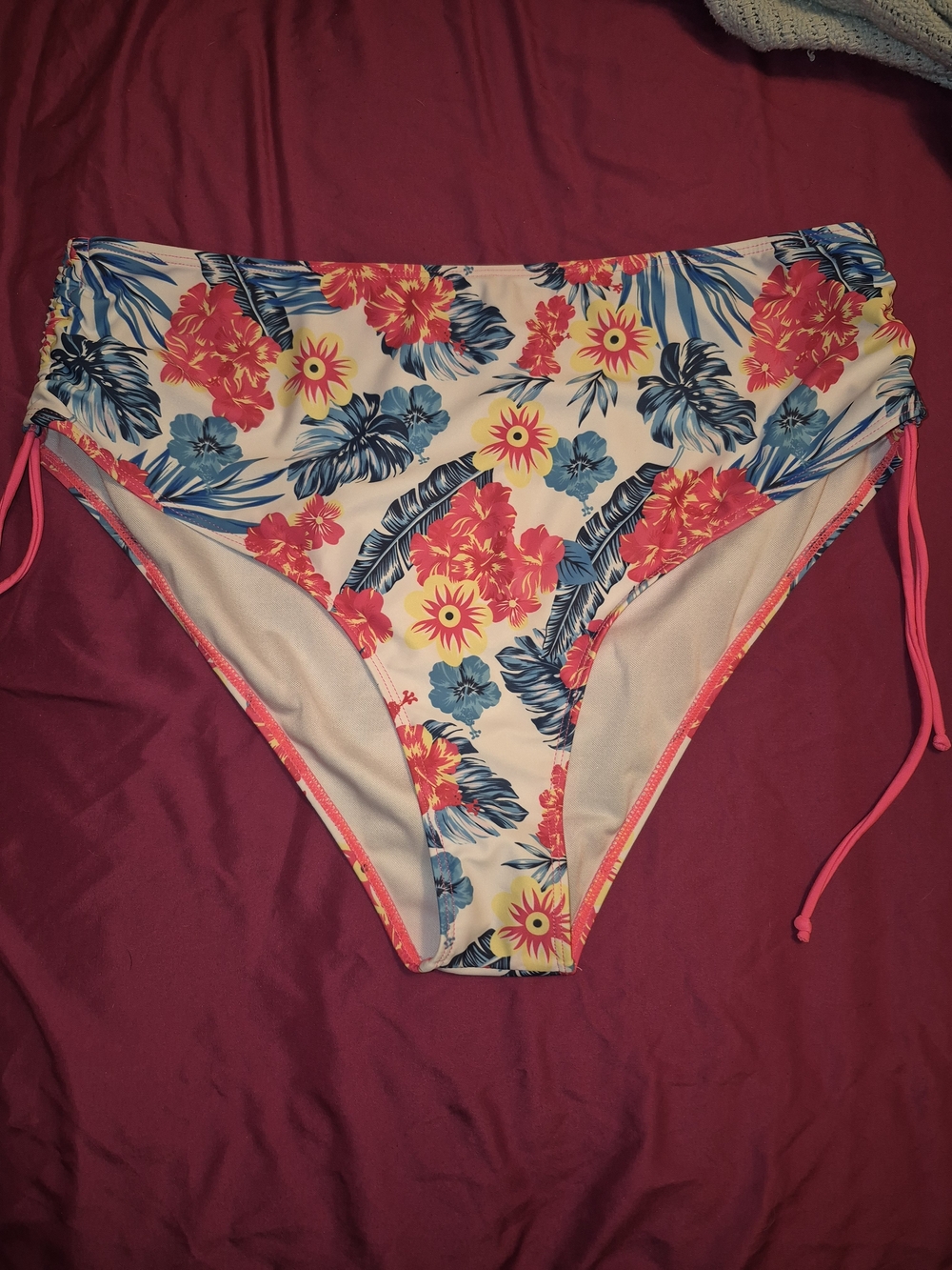 Floral Trim White Swim Bottom with Pink Edge